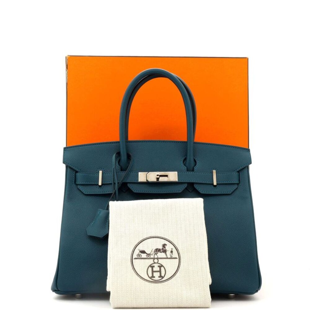 Hermes Birkin Handbag Colvert Epsom with Palladium Hardware 30 Blue - Picture 2 of 8